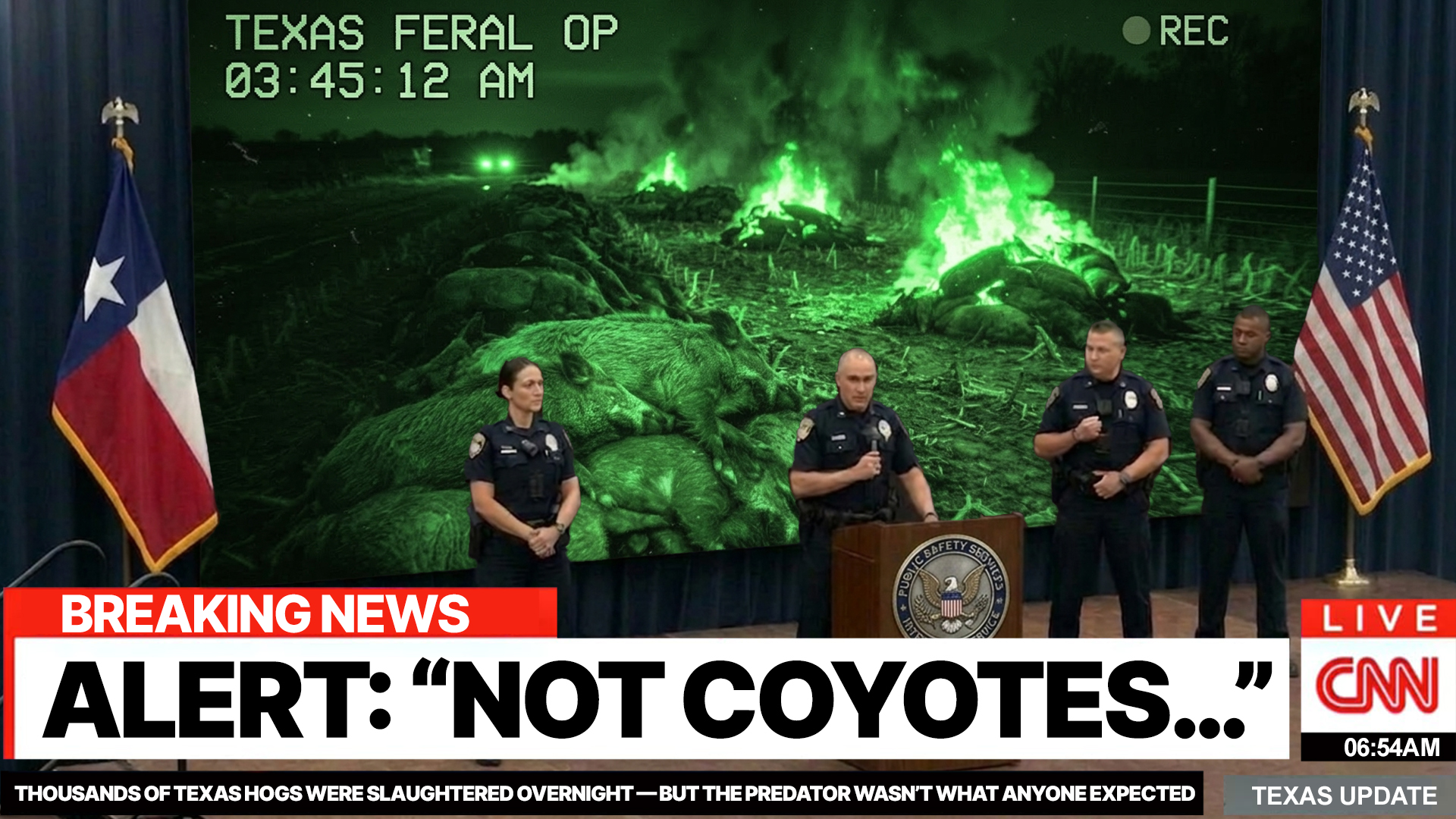 Documentary breaking news thumbnail with Texas police press conference and 'Alert: Not Coyotes' headline.