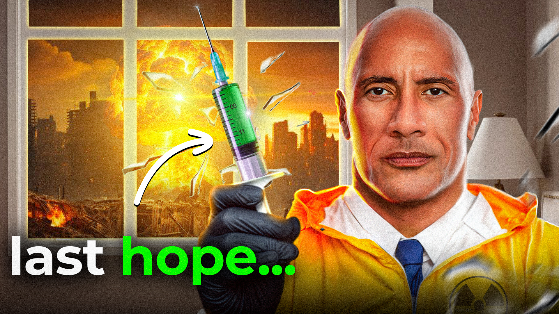 Thumbnail showing The Rock in a hazmat suit holding a syringe with an apocalyptic city background and last hope... headline.