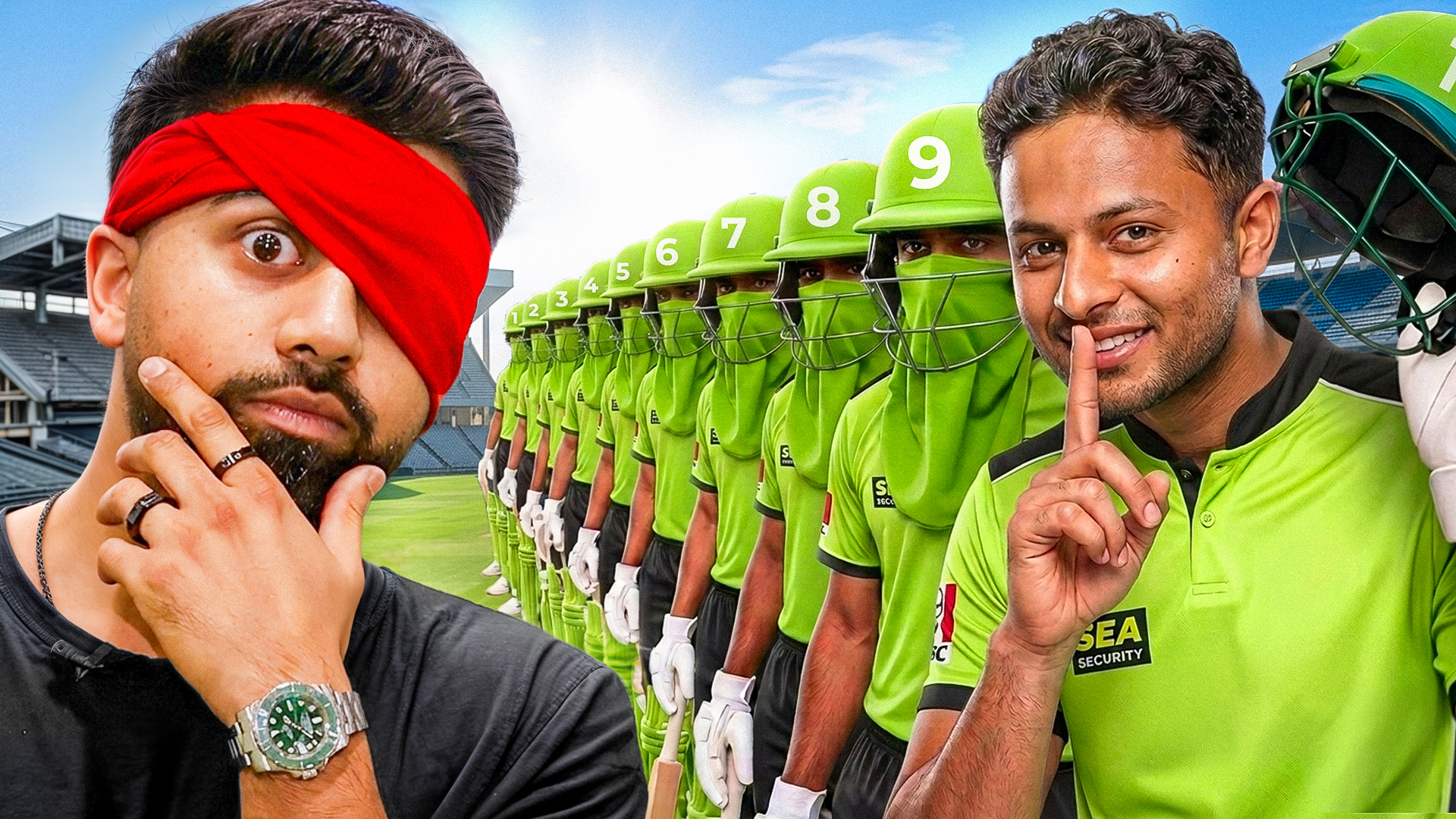 After version showing cricket players in numbered helmets with a bold visual hierarchy.