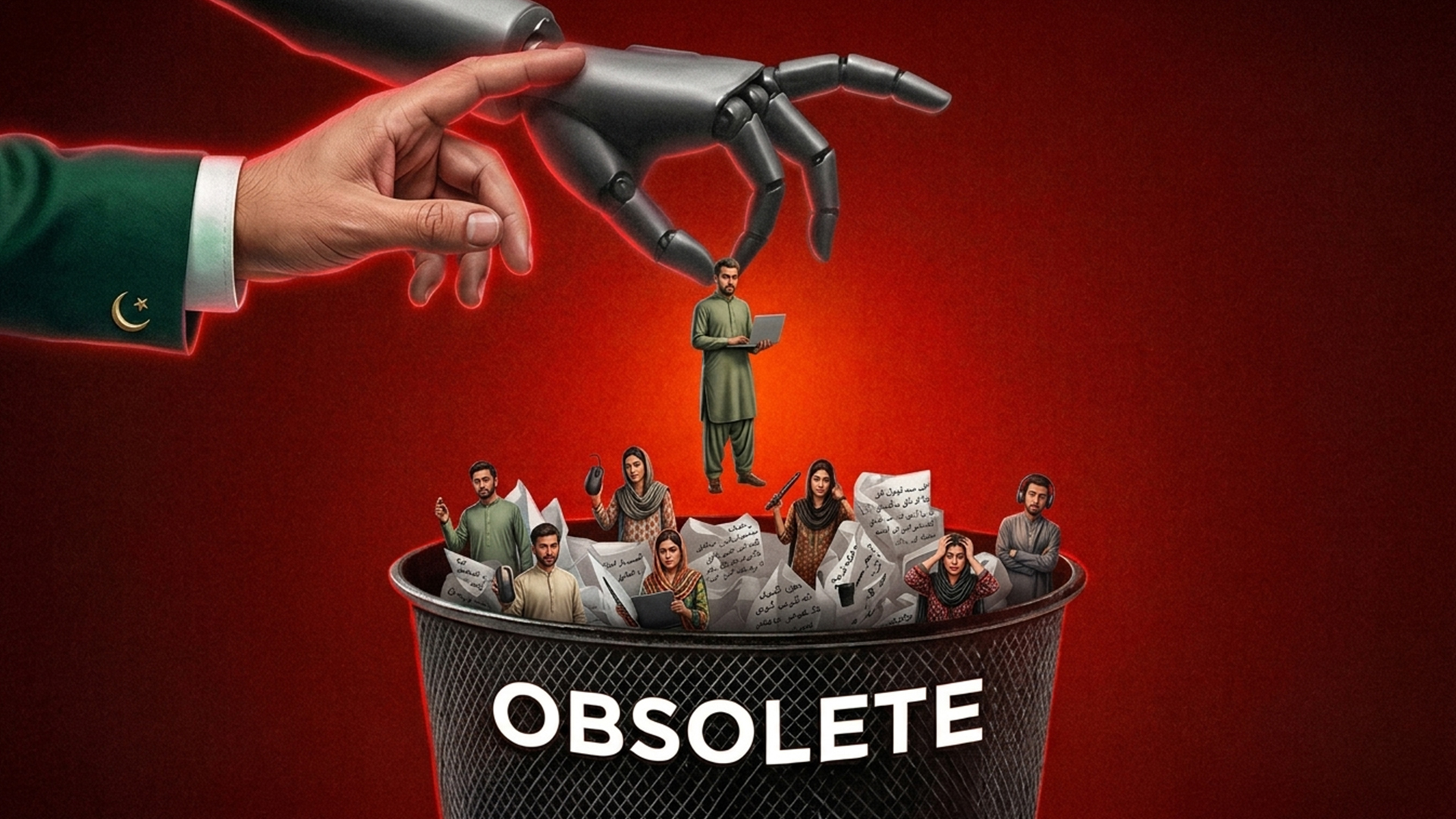 Red cinematic thumbnail with robotic hand dropping workers into an obsolete basket.