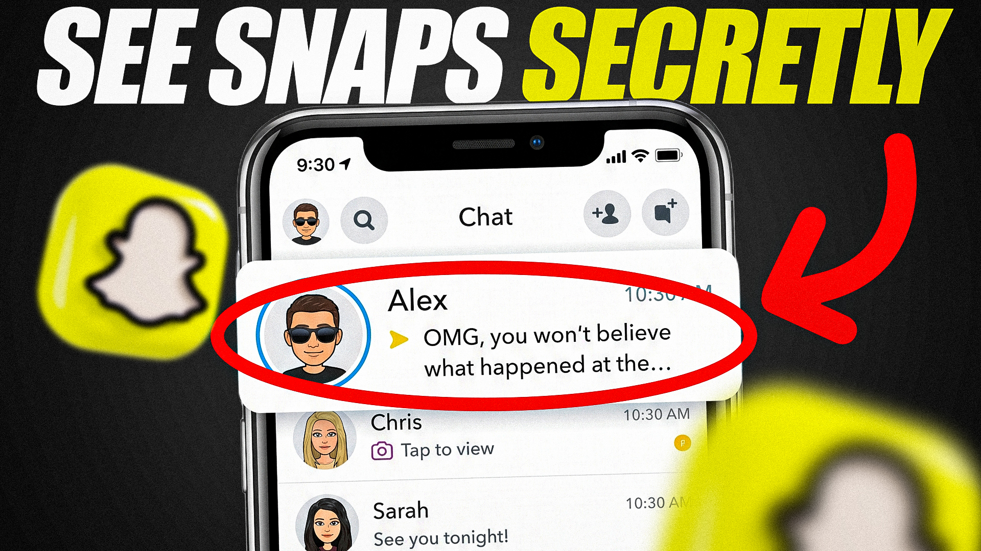 Educational thumbnail with bold 'See Snaps Secretly' text over a phone showing Snapchat chats.